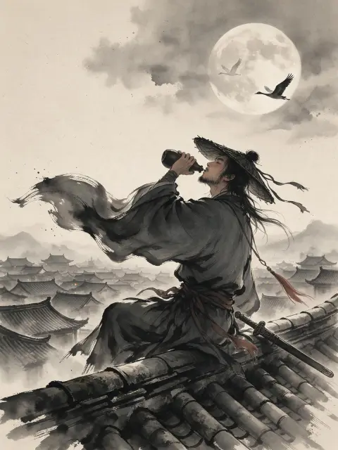 Young wandering swordsman in a bamboo hat drinking wine on a rooftop under a full moon, sword resting beside him, wind i