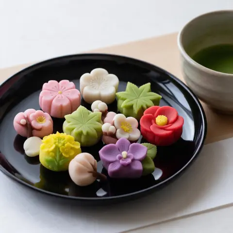 Assortment of colorful Japanese wagashi sweets on a black lacquer plate, seasonal flower shapes, matcha tea bowl beside,