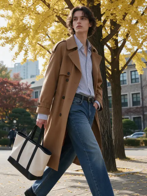 Seoul campus fashion in autumn: a model in a camel trench coat, striped shirt and denim walking past ginkgo trees with a