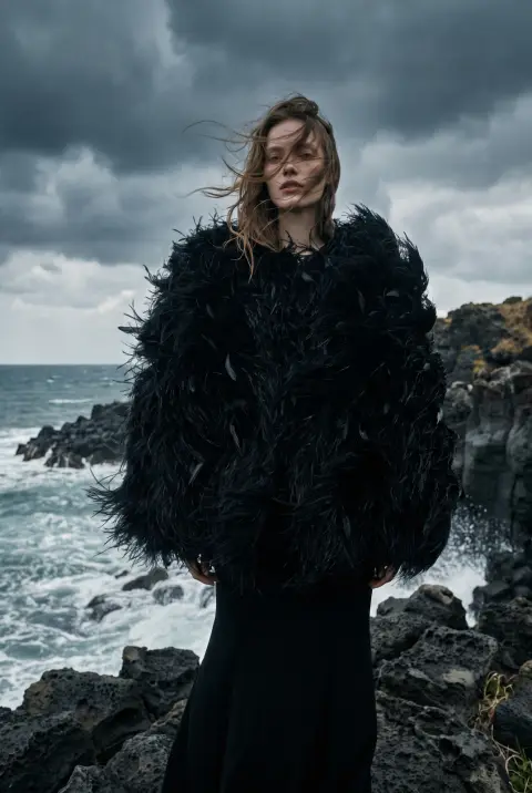 High fashion portrait of a model in a dramatic black feather coat on a windswept Jeju basalt cliff, overcast sky, sea sp