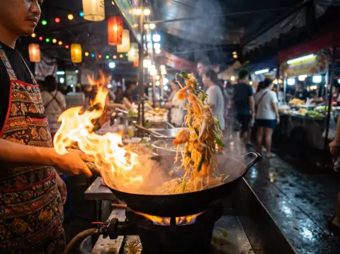 Street food scene of Thai pad thai being tossed in a flaming wok at a Bangkok night stall, flames leaping, motion blur, 