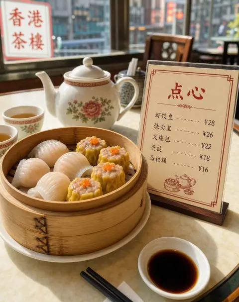 Bamboo steamer of har gow and siu mai on a round table, a printed menu card beside it titled "点心" with a few dishes…