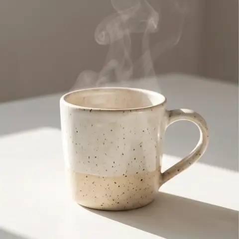 A ceramic coffee mug with steam, luxury product photography, minimal composition