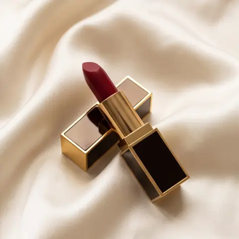A lipstick with satin fabric, luxury product photography, minimal composition