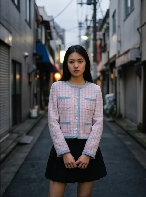 Portrait of a young Chinese woman wearing a pastel tweed jacket in a Tokyo backstreet at night, overcast diffused light,