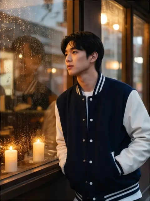 Portrait of a young Japanese man wearing a varsity jacket in a rainy cafe window, candlelight, high fashion campaign pho