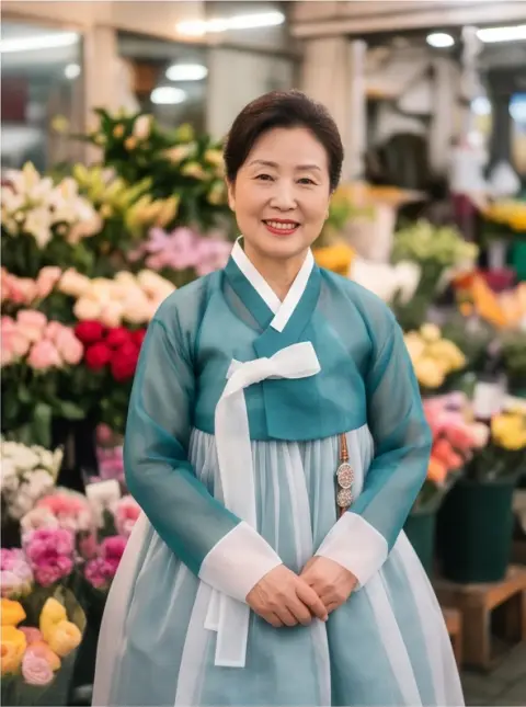 Portrait of a Chinese grandmother wearing a modern hanbok with sheer organza in a flower market, soft window light, drea