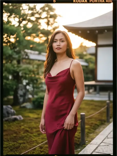 Portrait of a Filipino woman in her twenties wearing a flowing silk slip dress in a Kyoto temple garden, golden hour bac