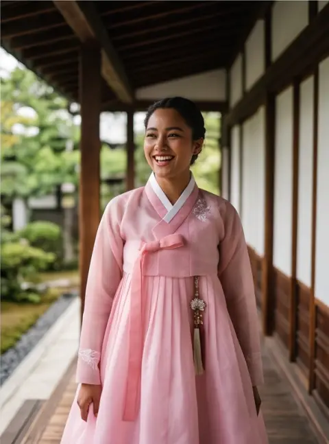 Portrait of a mixed-race Korean model wearing a modern hanbok with sheer organza in a Kyoto temple garden, soft window l