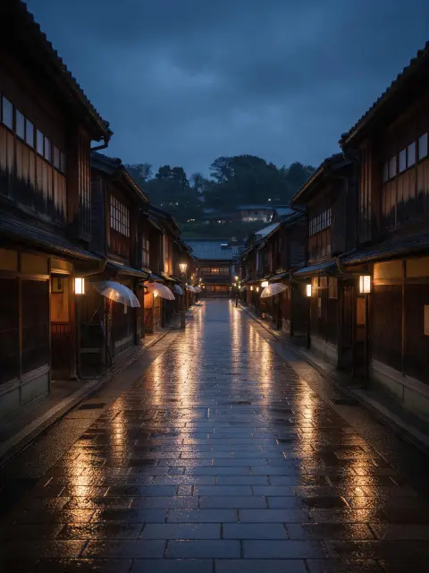 Kanazawa Higashi Chaya district in the rain, wooden teahouses, umbrellas, glossy stone street, quiet evening
