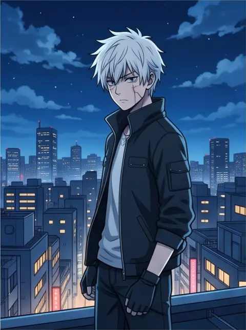 modern anime key visual, cel shading, detailed background: a cool boy with white hair and a scar on a rooftop at night