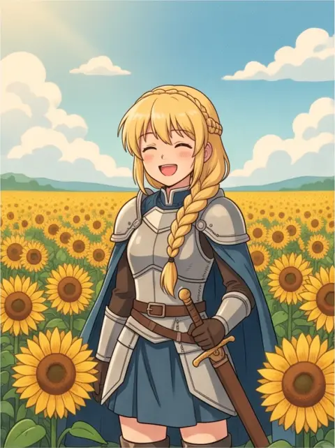 90s retro anime style, soft film grain: a knight girl with blonde braid in a sunflower field