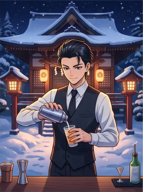 vibrant anime illustration, dynamic composition: a bartender with slicked back hair in a snowy shrine