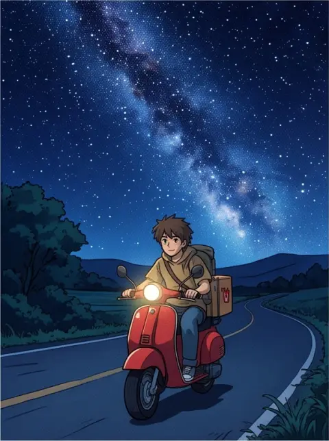 90s retro anime style, soft film grain: a delivery boy on a scooter under a starry sky