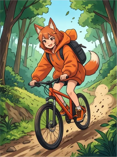 vibrant anime illustration, dynamic composition: a girl with fox ears in a hoodie on a bicycle down a hill