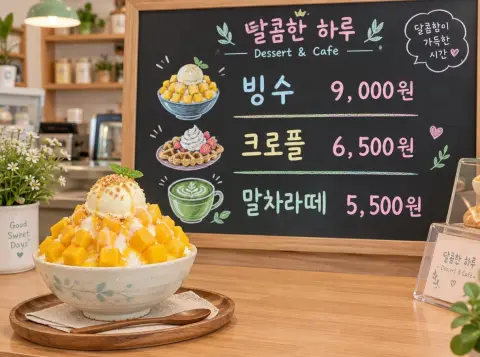 Korean dessert café menu board in pastel chalk listing "빙수 9,000원", "크로플 6,500원" and "말차라떼 5,500원…