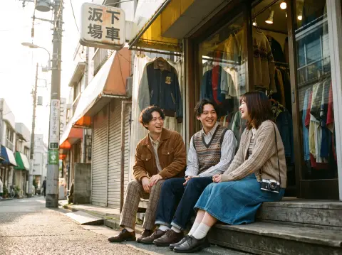 Three friends in coordinated Tokyo vintage outfits sitting on the steps of a Shimokitazawa thrift shop, corduroy, plaid,