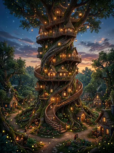 Giant ancient tree with a spiral staircase and tiny houses built into its trunk, glowing windows at dusk, fireflies, coz
