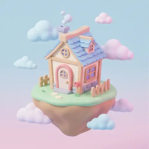 A tiny house on a floating island, cute 3D render, soft studio lighting, pastel background