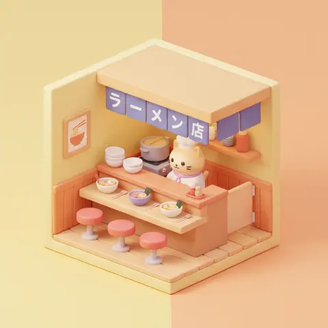 A mini diorama of a ramen shop, cute 3D render, soft studio lighting, pastel background