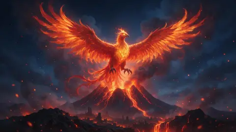 Phoenix rising from a volcano, wings of fire spreading across the night sky, embers swirling, epic scale, vivid orange a