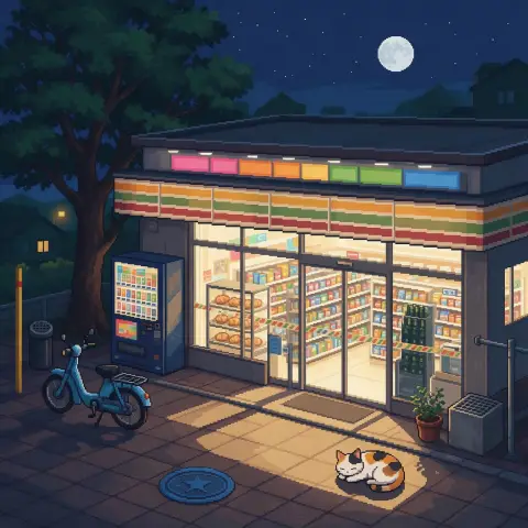 Pixel art illustration of a cozy Japanese convenience store at night with a cat outside, retro 16-bit game style