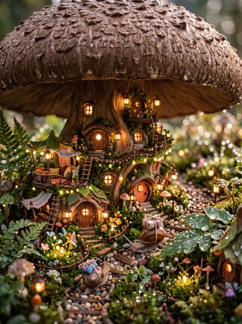 Tiny fairy village built inside a giant hollow mushroom, round doors and lantern-lit windows, snails carrying parcels, d