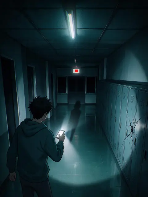 Horror webtoon panel of a high school hallway at night, flickering fluorescent light, a student holding a phone flashlig