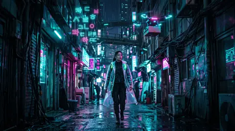 Cyberpunk Seoul in 2089: rain-slick alley in a vertical city, holographic hangul-shaped glyphs without readable text, de