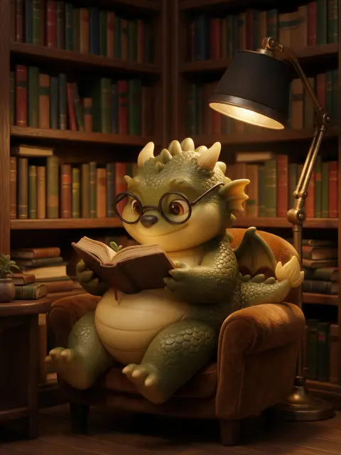 3D character: a chubby dragon mascot reading a book in a library nook, round glasses, warm lamp light, collectible figur