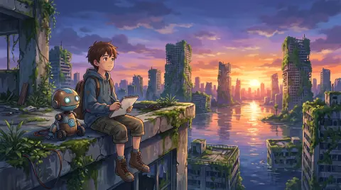Anime key visual of a boy and his small robot companion sitting on the edge of a flooded city rooftop at sunset, water r