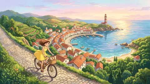 Anime aerial view of a coastal town with a lighthouse at dawn, a girl riding a bicycle down a steep hill toward the sea,