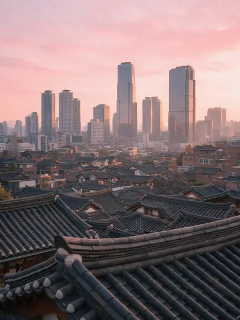 Seoul Bukchon hanok village at sunrise, tiled roofs in the foreground, modern skyscrapers rising behind, soft pink sky,