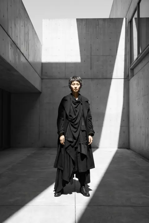 Japanese model in a deconstructed black Yohji-inspired layered outfit standing in a concrete Tadao Ando-like courtyard,