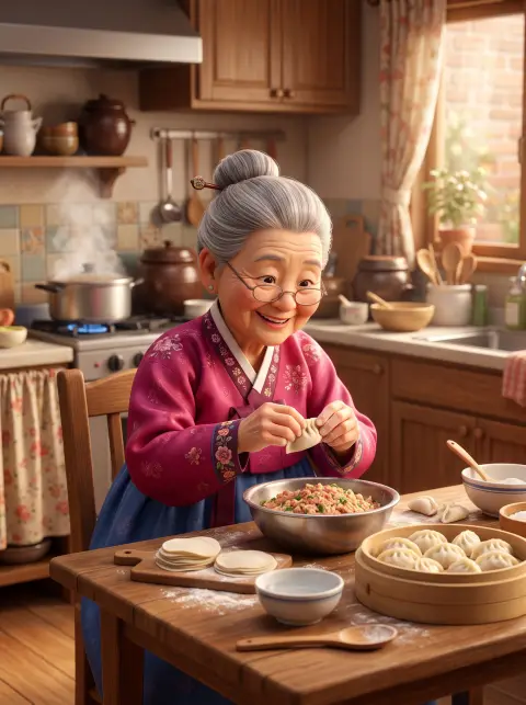 3D render of a cheerful grandma character in a hanbok making dumplings at a kitchen table, warm home lighting, animated