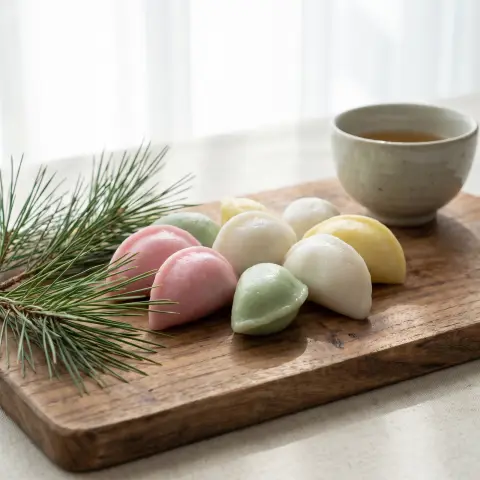 Korean tteok rice cakes in pastel colors arranged on a wooden board for Chuseok, songpyeon, pine needles…