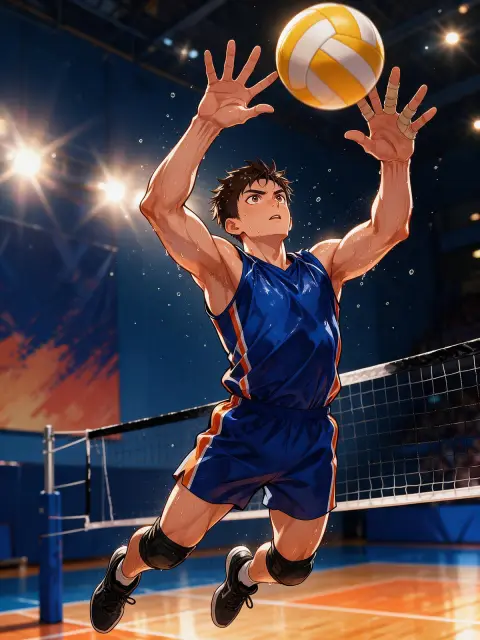 Webtoon sports panel: a volleyball setter jumping at the net, ball suspended above his fingertips, gym lights flaring, s
