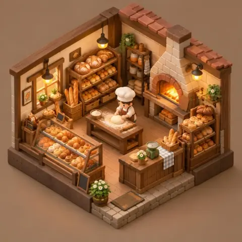 3D isometric cozy bakery shop with tiny bread shelves, a baker character and warm lights, miniature game-asset style