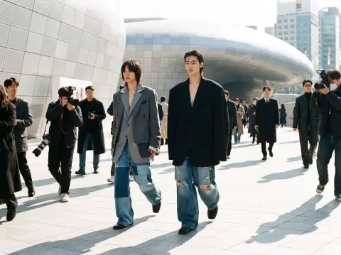 Street-style shot during Seoul Fashion Week at DDP: two models in oversized blazers and baggy denim crossing the curved