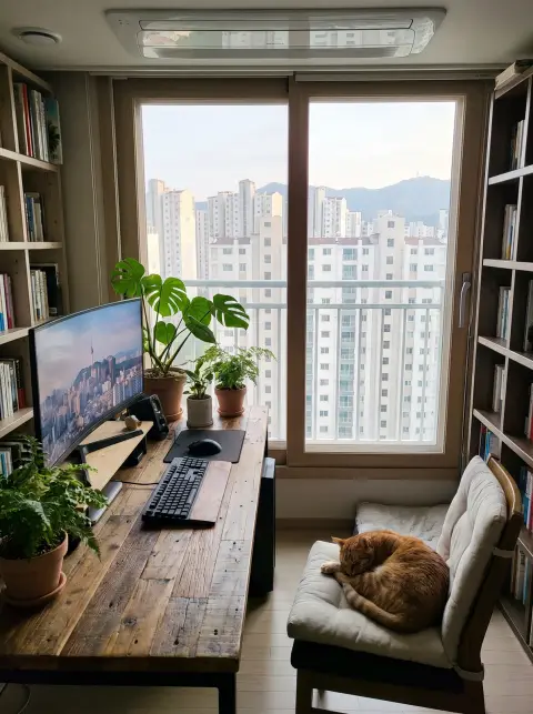 Home office with a large window overlooking Seoul apartments, wooden desk, monitor, plants and a cat on the chair, soft 