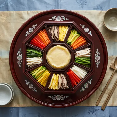 Korean royal court cuisine gujeolpan, nine-section lacquer platter with colorful julienned fillings and thin crepes in t