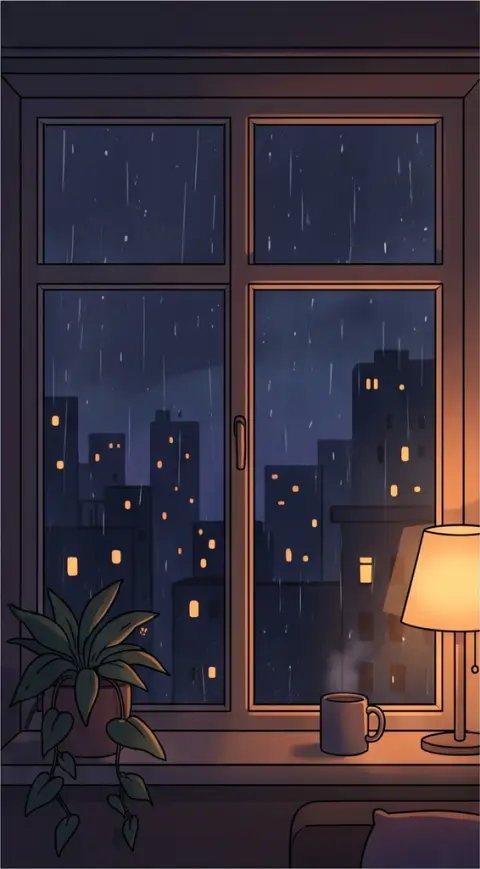 A lo-fi window view at night, phone wallpaper, clean composition