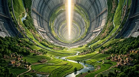 Massive generation ship interior with a cylindrical habitat: rice fields, villages and rivers curving up the walls, arti