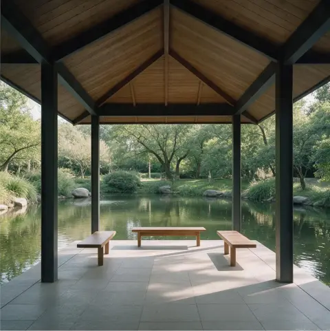 A modern pavilion by a pond, architectural interior photography, natural light