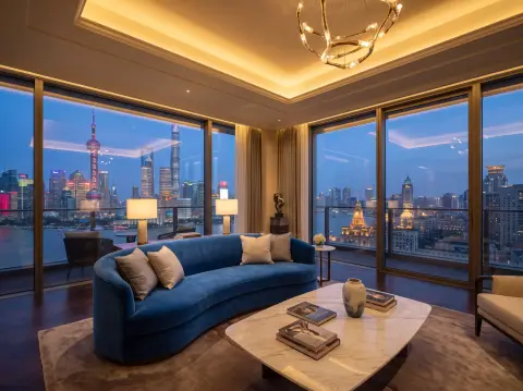 Luxury Shanghai penthouse living area with floor-to-ceiling windows overlooking the skyline at dusk, velvet sofa, marble