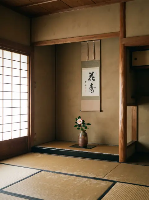 Japanese tea room with a tokonoma alcove, a single flower arrangement and hanging scroll, tatami, soft side light, wabi-