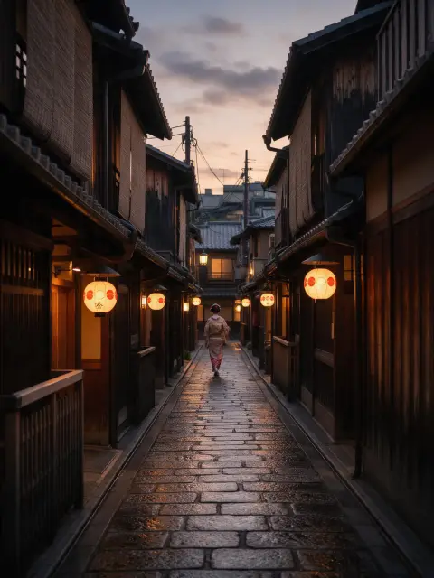 Narrow alley in Kyoto's Gion district at dusk, wooden machiya facades, paper lanterns just lit, a geiko walking away in 