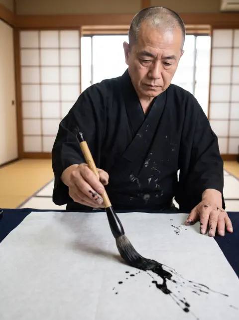 Japanese calligraphy master in his sixties mid-stroke with a large brush on washi paper, ink-black kimono, tatami room,