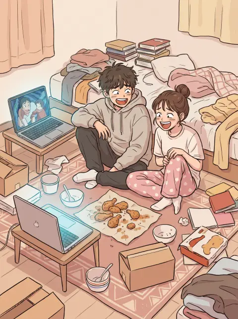 Korean webtoon slice-of-life: two roommates eating fried chicken on the floor while watching a movie, laptop glow…