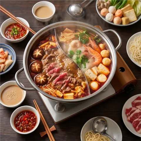 Hot pot with many ingredients, professional food photography, appetizing